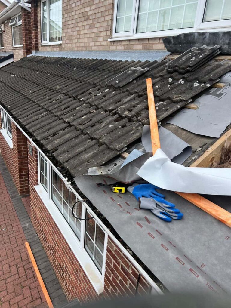 This is a photo of a pitched roof which is being repaired. The existing roof was leaking badly. Works carried out by Eastwood Roofing Repairs